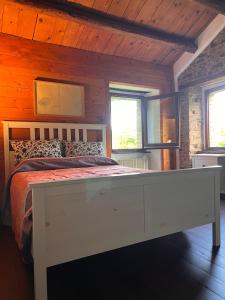 a bedroom with a white bed in a wooden room at The Bookhouse Home Bb in Poggio San Marcello 