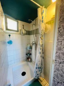 a bathroom with a shower with a shower curtain at La Vannière in Le Poujol-sur-Orb