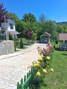 a stone walkway with flowers in a yard at Casutele Verzi Camera King in Ocnele Mari