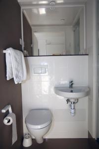 ein Badezimmer mit einem Waschbecken, einem WC und einem Spiegel in der Unterkunft Fasthotel Albertville in Albertville