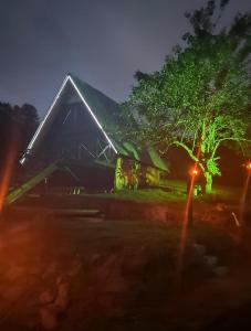 a building with a tree in front of it at night at Chalé amanhecer in Cobras +5 photos