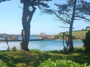 a view of a lake with a building in the distance at Esprit d'Antan in Ploubazlanec