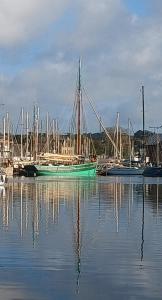 a green boat sitting in the water with other boats at Esprit d'Antan in Ploubazlanec
