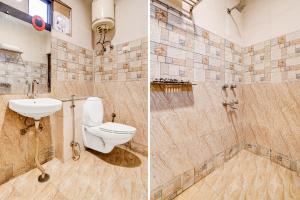 two pictures of a bathroom with a toilet and a sink at Collection O Kalka Ji Formerly Hotel Gera in New Delhi