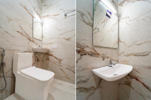 two pictures of a bathroom with a toilet and a sink at Super Collection O Technopark Phase 1 Formerly Snehalayam in Trivandrum +31 photos