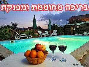 Dois copos de vinho e um cesto de fruta numa mesa junto à piscina. em Sharvit Hakesem em Livnim