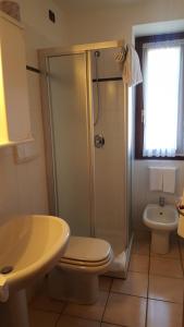 W łazience znajduje się prysznic, toaleta i umywalka. w obiekcie Hotel Pineta w mieście Ponte di Legno