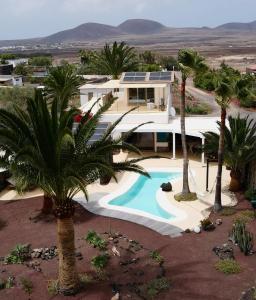 an aerial view of a house with a swimming pool and palm trees at Casa Bagus in Lajares