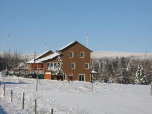 ein großes Haus im Schnee mit schneebedeckten Bäumen in der Unterkunft Le Gîte Ambrelane in Thetford Mines