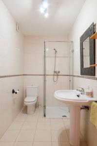 a bathroom with a shower and a toilet and a sink at Villa Pilar in Mijas Costa