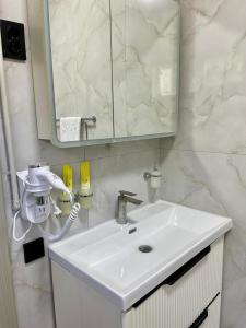 a bathroom with a white sink and a mirror at Kausar Hotel in Bishkek