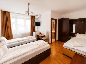 a hotel room with two beds and a window at Pensiunea Rozeclas in Sînmartin