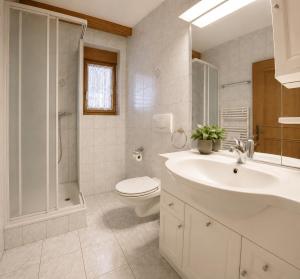 a bathroom with a sink and a toilet and a shower at Residenz Darianne Leukerbad in Leukerbad +53 photos