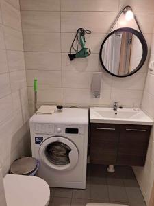 a small bathroom with a washing machine and a sink at Aisa Street apartments in Pärnu +78 photos