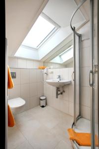 ein Badezimmer mit einem WC-Waschbecken und einem Dachfenster in der Unterkunft Bahnhof Busch in Bretzfeld