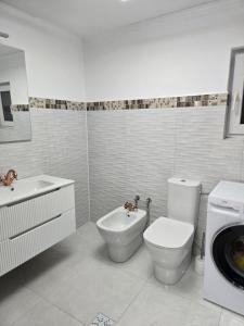 a bathroom with a toilet and a sink and a washing machine at Casa Roberto in Budeşti +6 photos