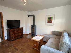 a living room with a couch and a flat screen tv at Alpen Apartment "Ruhe & Erholung" in Oberammergau