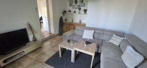 a living room with a gray couch and a table at Maison T3 Bastia Sud, Casamozza in Monte