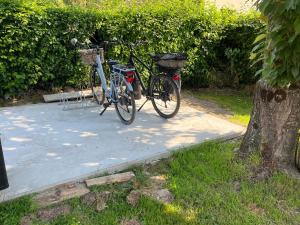 two bikes parked on a sidewalk next to a tree at Les Chambres de Pascaline in Arrest