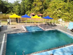 a large swimming pool with blue and yellow umbrellas at Nalari Resort in Borpāni