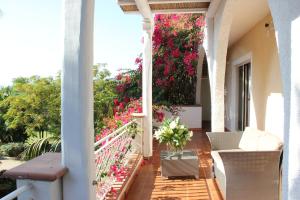 a balcony with pink flowers on a fence at Hotel Simius Playa in Villasimius