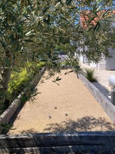 a garden with rocks in the sand under a tree at Chai Nous - votre villa au cœur des Landes - classée 4 étoiles in Rion-des-Landes