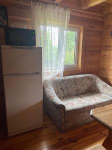a living room with a couch and a refrigerator at Затишок in Svityazʼ
