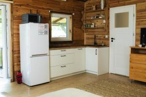 a kitchen with white cabinets and a refrigerator at Domek U Stefanów - Królowy Most in Królowy Most