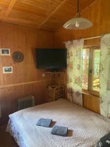 a bedroom with a bed and a flat screen tv at Merylula - Domek nad jeziorem in Przydwórz