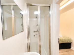 a shower in a bathroom with a mirror at Sangha House - Ensuite Rooms with Shared Kitchen Facilities in Leicester
