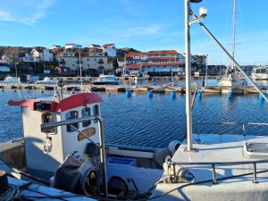 a boat is docked in a marina at Vandrarhem Varvet in Ellös
