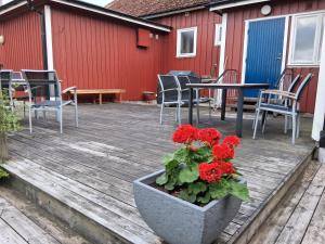 a deck with chairs and a table and red flowers at Vandrarhem Varvet in Ellös