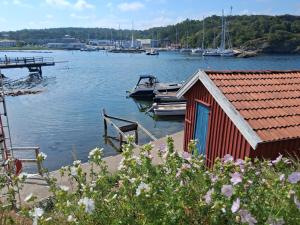 a small boat is docked at a marina at Vandrarhem Varvet in Ellös