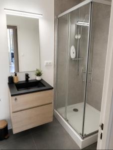 a bathroom with a glass shower and a sink at Chambre privée, ANGLET, quartier central in Anglet
