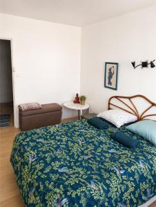 a bedroom with a bed with a blue blanket at Chambre privée, ANGLET, quartier central in Anglet