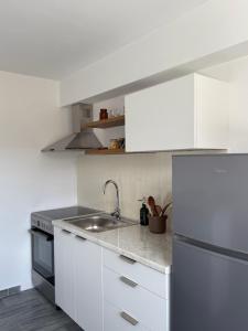 a white kitchen with a sink and a refrigerator at Saint Nectaire in Kardhianí