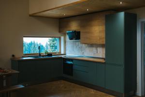 a kitchen with dark green cabinets and a window at Lordis Cabin Tihuța in Piatra Fantanele