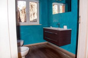 a blue bathroom with a sink and a toilet at IL CICLAMINO POOL FOR YOUR SOLE USE BIG IN-GROUND - 70m2 house & 300m2 outdoor, child & pet friendly, 10 minutes drive to Montebello Station connecting to Rome centre in 20 minutes, 3 minutes drive to supermarket -4 language warm guest care in Riano +15 photos