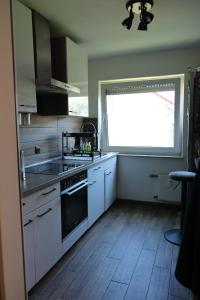 a kitchen with a stove and a sink and a window at Heimathafen Heilbronn in Heilbronn