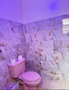 a bathroom with a pink toilet and marble walls at SerenityLoft by Gloria in Thika +17 photos