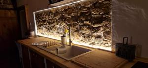 a bathroom with a sink and a stone wall at Vila Dobra in Dobravlje