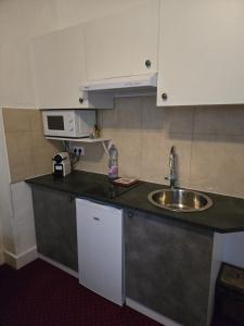 a small kitchen with a sink and a microwave at Chez Madame Cailleau in Houlgate