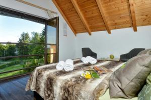 a room with a bed and a large window at Twin Oasis Retreat with Pool & Spa - Happy Rentals in Biškupec Zelinski +19 photos