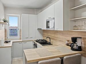 a kitchen with white cabinets and a counter top at Konstanzer Q - City Studio - Palas Mall - AC in Iaşi
