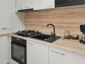 a kitchen with a sink and a stove at Konstanzer Q - City Studio - Palas Mall - AC in Iaşi
