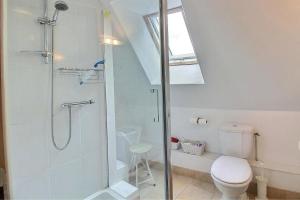 a bathroom with a shower with a toilet and a sink at Cottage - Sleeps 4 with Log Burner & Pet Friendly in Kérien +50 photos