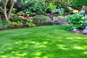 a yard with green grass and a garden with flowers at De Villione Guesthouses in Bultfontein