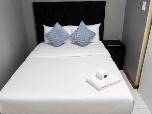 a bedroom with a white bed with blue pillows at Springforth Guesthouse in De Grendel