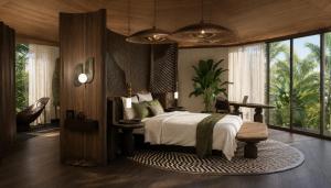 a bedroom with a bed and a large window at Twinpalms Treehouses Phuket in Bang Tao Beach +27 photos