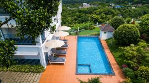 an overhead view of a swimming pool with umbrellas at Pleasant Hill Resort - Munnar in Munnar
